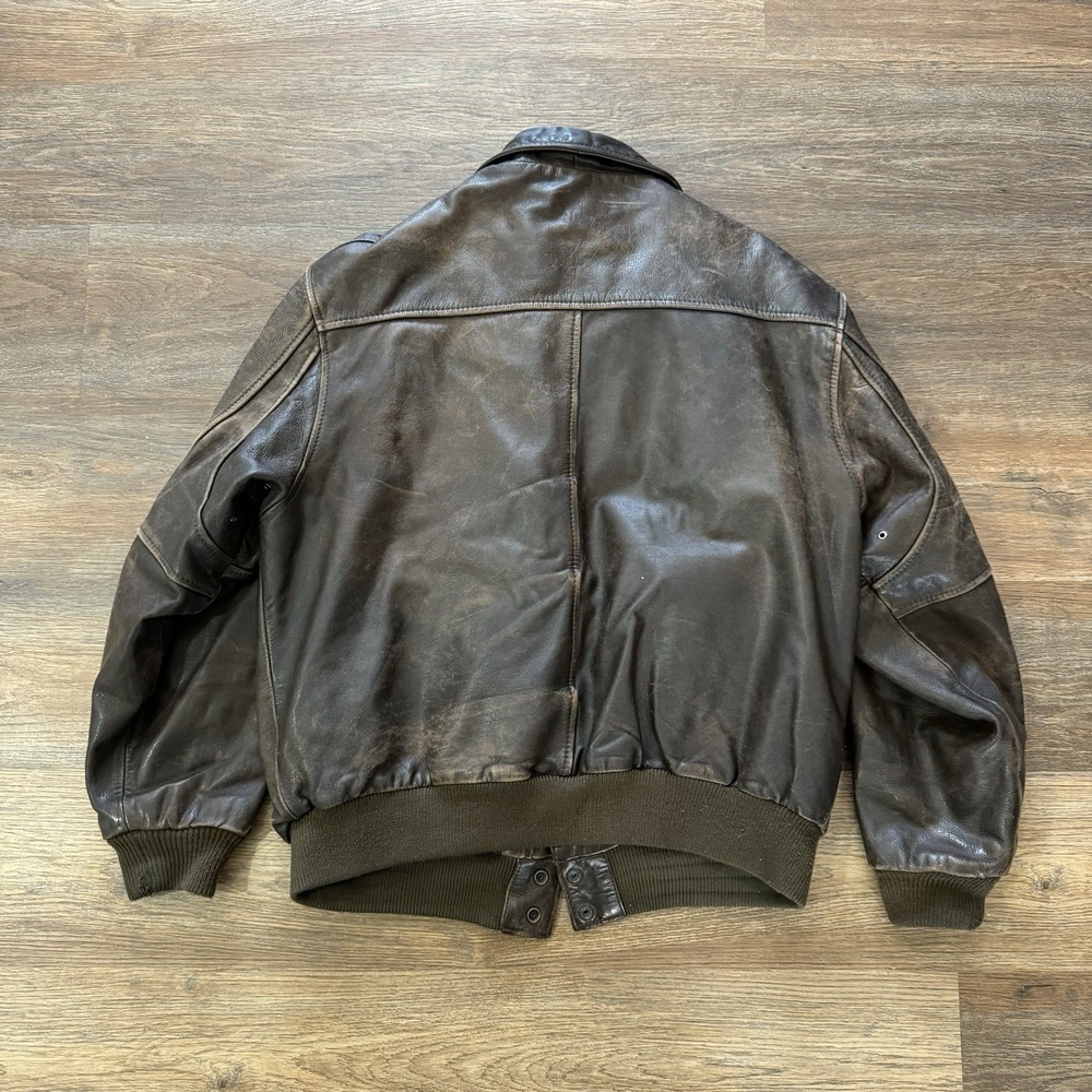 VTG Mens Shop Brown Leather Jacket Distressed Sz L Bomber Classic Trendy Flight - Picture 7 of 8